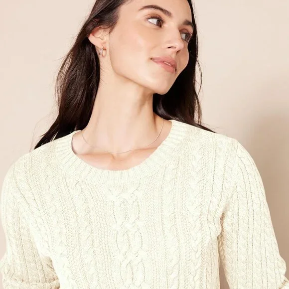 Elegant Cream Long-Sleeve Women's Cotton Cable Knit Sweater - Regular Fit